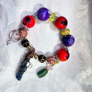Handmade Charm Bracelet with Hand-Painted Beads & Wire-Wrapped Accents 3130